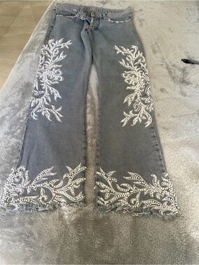 Grey Embellished Wide-Leg Jeans with White Floral Rhinestone Detail